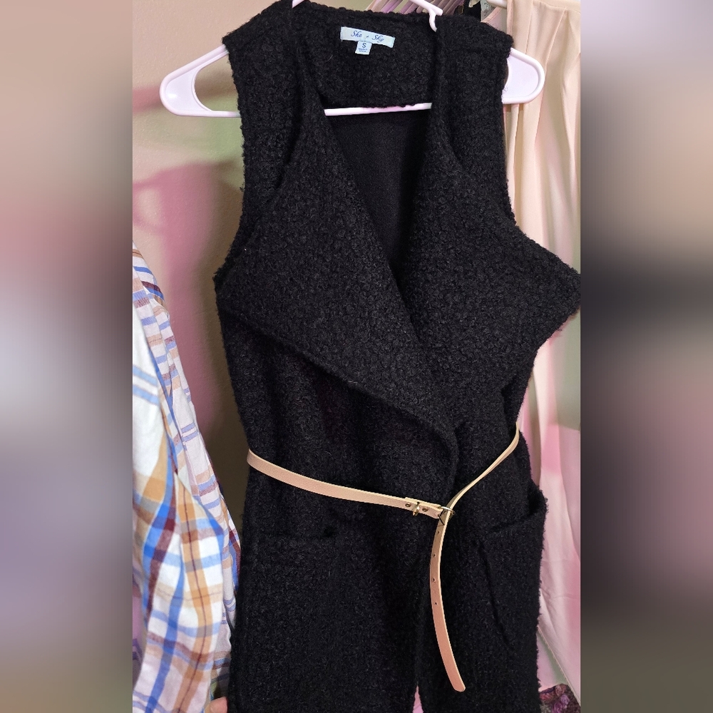 She + Sky Black Textured Vest with Beige Belt